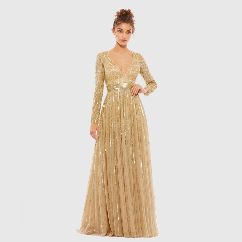 NWT $598 MAC DUGGAL Gold Sequined V Neck Illusion Sleeve A Line Gown DRESS 4977